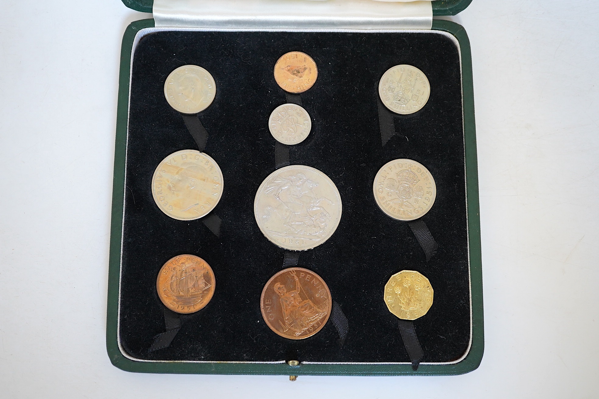 British proof coins, 1951 George VI Festival of Britain proof 10 coin set, crown to farthing, in deluxe case of issue, together with a Festival of Britain program and various promotional photographs